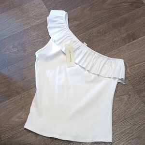 Francesca's White One-Shoulder Ruffle Top Size S